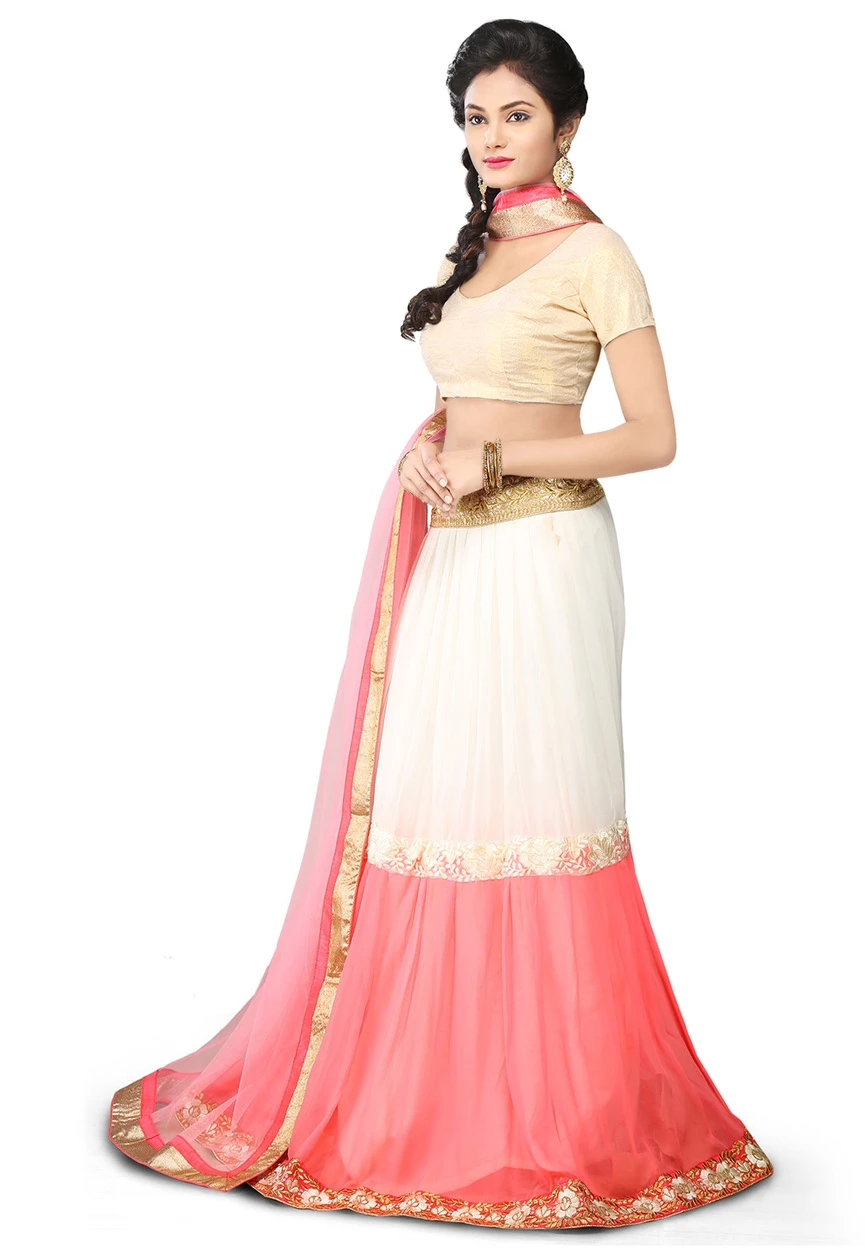 Off White and Pink Faux Georgette Lehenga Choli with Dupatta