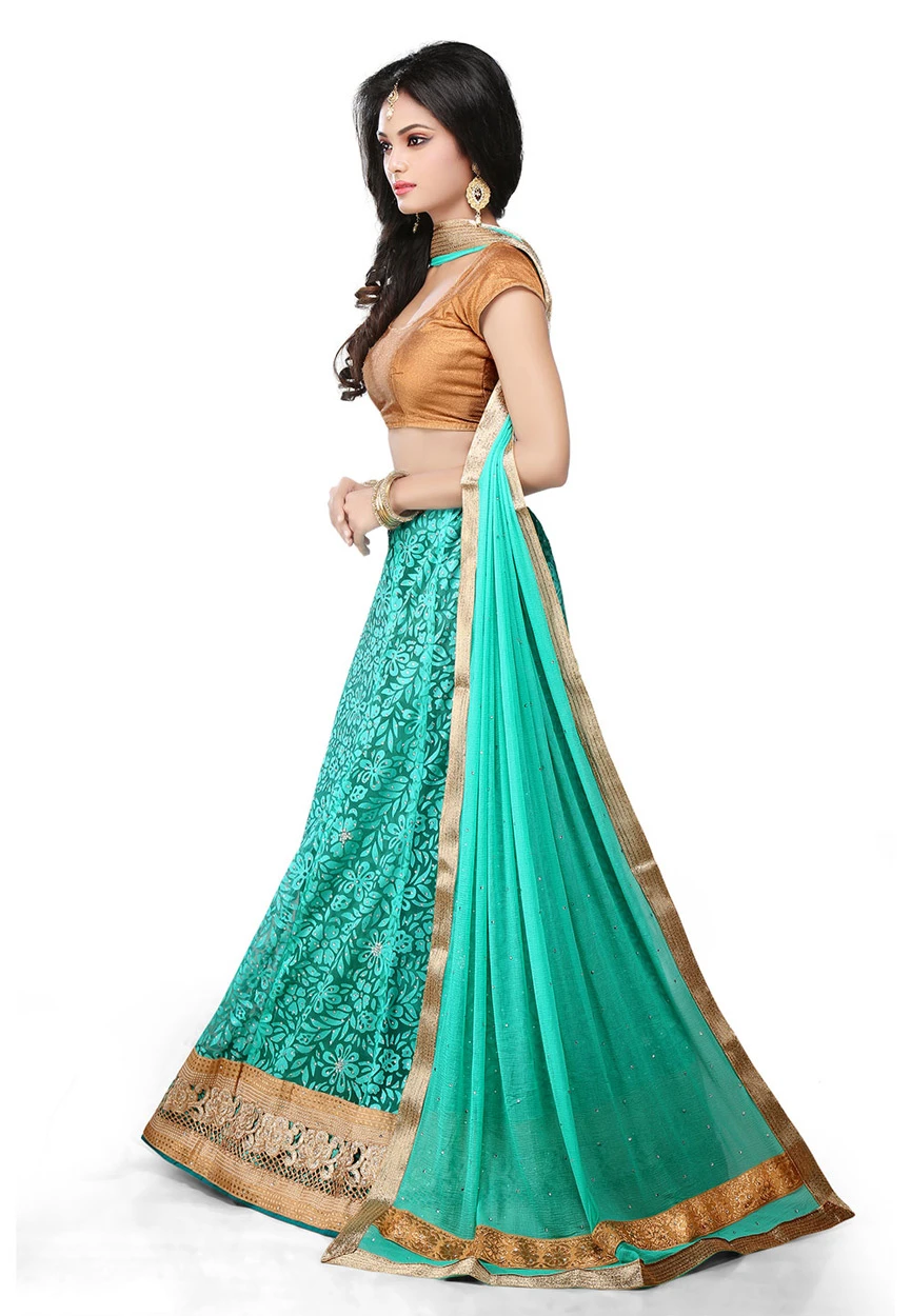 Light Teal Green Net brasso Lehenga Choli with Dupatta