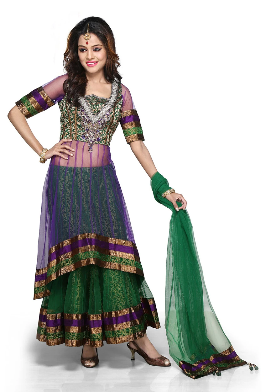 Green Brocade and Net Readymade Lehenga Choli with Dupatta