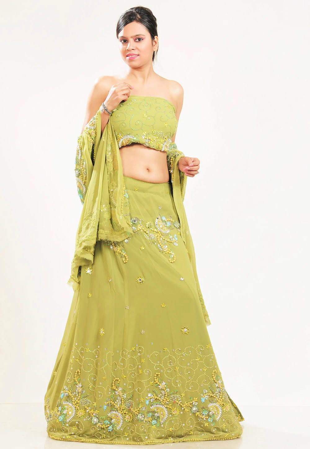 Georgette Circular Lehenga in Light Olive Green