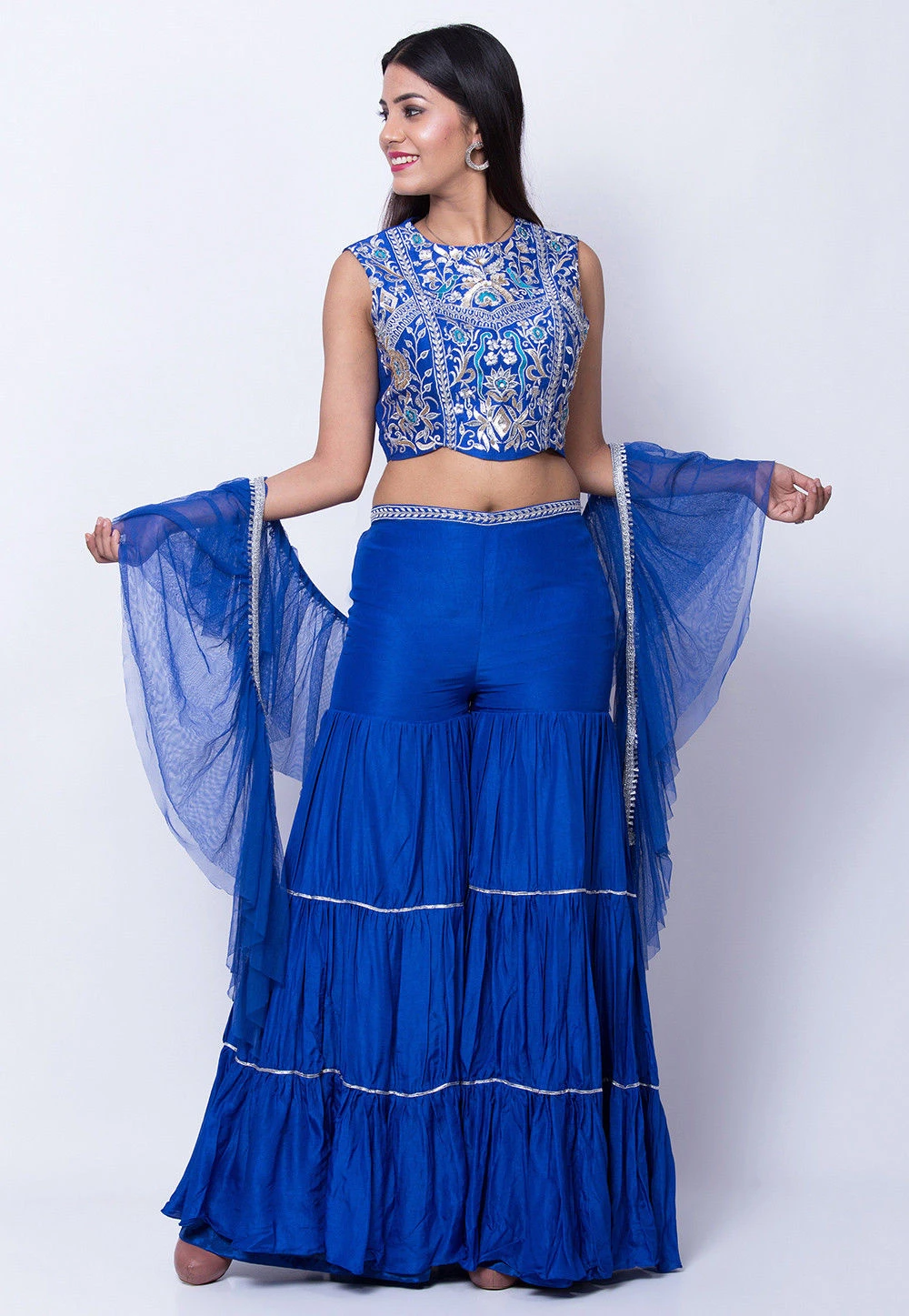 Embroidered Uppada Silk Sharara Lehenga in Royal Blue