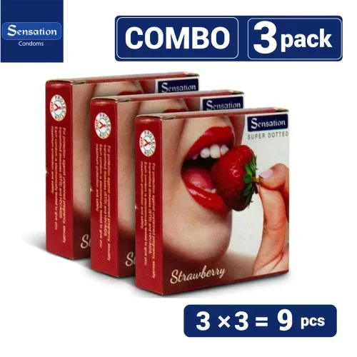 Sensation Strawberry Super Dotted Condoms - 3x3- 9pcs
